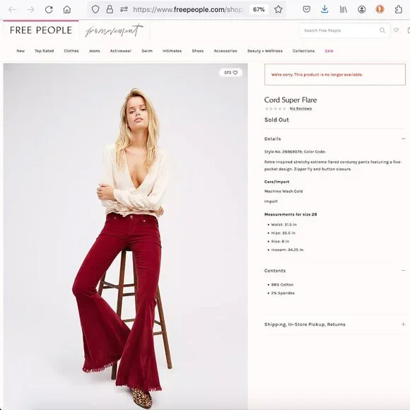 Rare Free People Cord Super Flare Sz 29